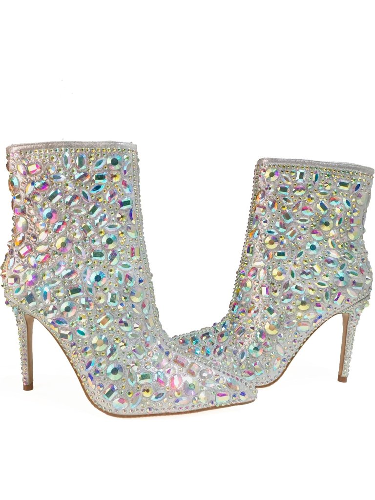 Women's Silver Rhinestone Sparkly Stiletto Heel Pointed Toe Zipper Ankle Boots